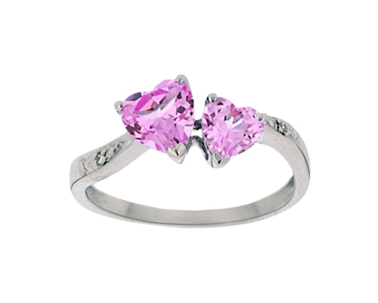 10K White Gold Created Pink Sapphire and 0.008cttw Diamond Heart Ring - Size 7