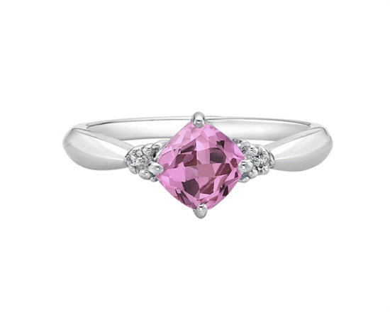10K White Gold 6mm Princess Cut Created Pink Sapphire and 0.008cttw Diamond Ring - Size 7