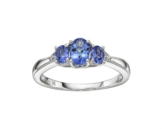10K White Gold 6x4mm and 4x3mm Oval Cut Tanzanite and 0.03cttw Diamond Ring - Size 7