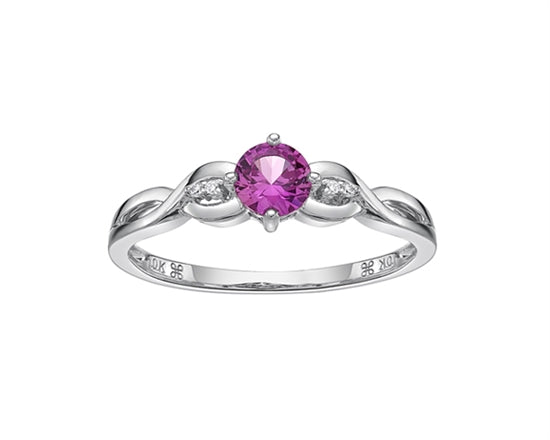 10K White Gold 5.00mm Round Cut Created Pink Sapphire and 0.015cttw Diamond Ring - Size 7