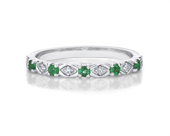 10K White Gold Round Cut Emerald and 0.05cttw Diamond Stack Ring - Size 7