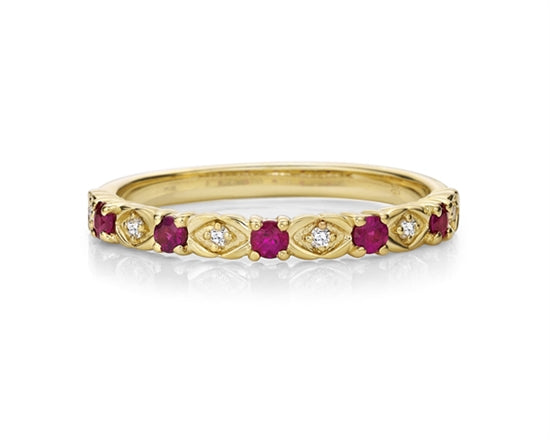 Anillo apilable de oro amarillo de 10 quilates con rubí de talla redonda y diamantes de 0,05 quilates, talla 7