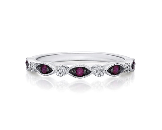 10K White Gold Round Cut Ruby and 0.07cttw Diamond Stacking Ring - Size 7