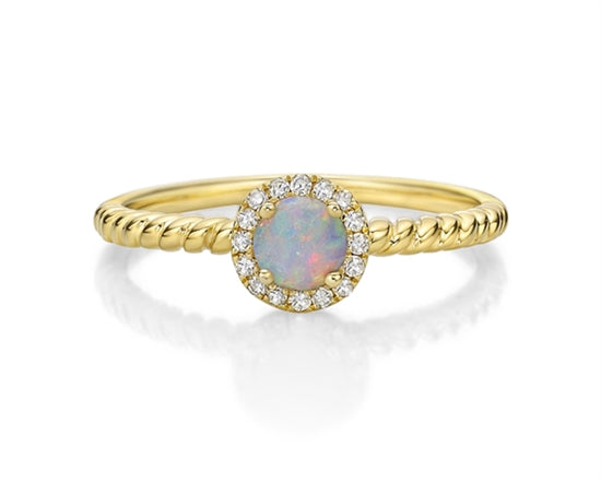 10K Yellow Gold 4.5mm Round Cut Opal and 0.08cttw Diamond Halo Stack Ring - Size 7