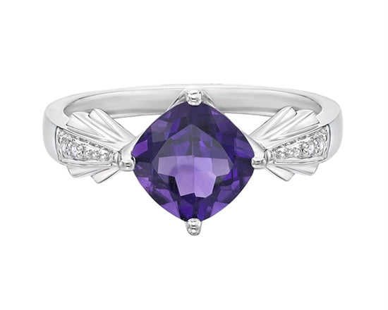 10K White Gold 7mm Cushion Cut Amethyst and 0.01cttw Diamond Ring, size 7