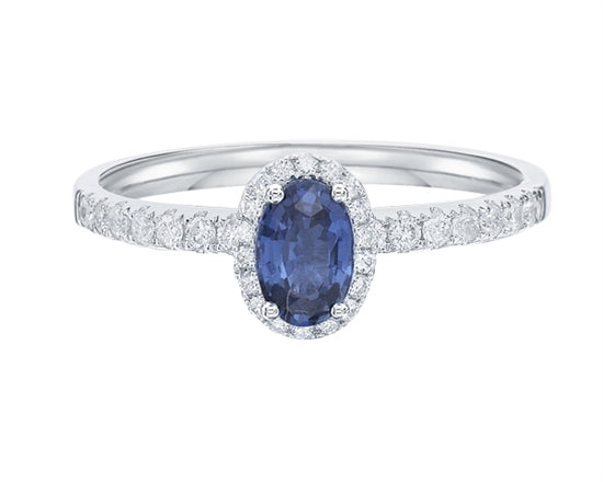 14K White Gold 6x4mm Oval Cut Sapphire and 0.25cttw Diamond Halo Ring - Size 7