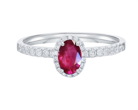 14K White Gold 6x4mm Oval Cut Ruby and 0.25cttw Diamond Halo Ring - Size 7