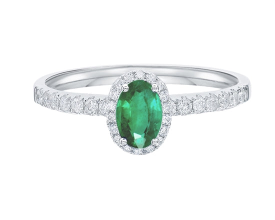 14K White Gold 6x4mm Oval Cut Emerald and 0.25cttw Diamond Halo Ring - Size 7
