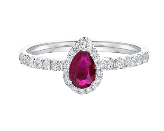 14K White Gold 6x4mm Pear Cut Ruby and 0.25cttw Diamond Halo Ring - Size 7