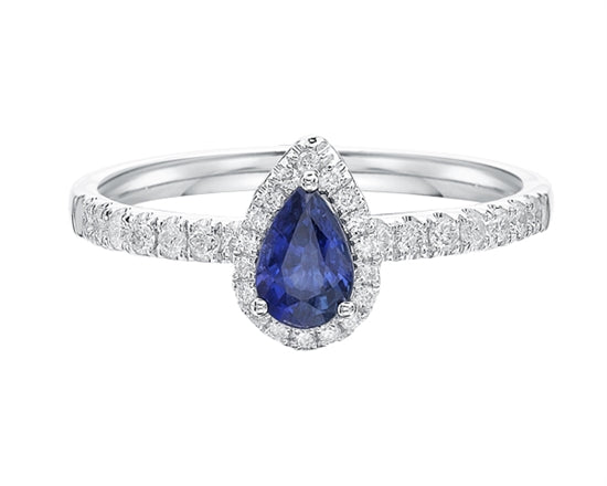 14K White Gold 6x4mm Pear Cut Sapphire and 0.25cttw Diamond Halo Ring - Size 7