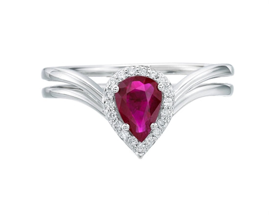 14K White Gold 7x5mm Pear Cut Ruby and 0.10cttw Diamond Halo Ring - Size 7