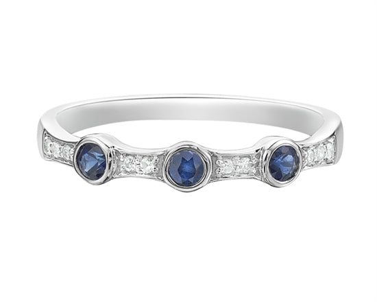 14K White Gold 2.50mm Round Cut Sapphire and 0.05cttw Diamond Ring - Size 7
