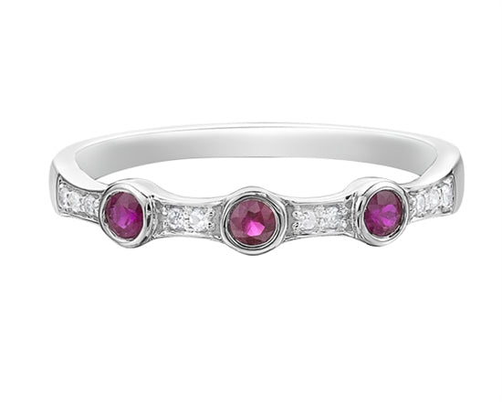 14K White Gold 2.50mm Round Cut Ruby and 0.05cttw Diamond Stacking Ring - Size 7