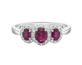 Anillo de oro blanco de 14 quilates con rubí de talla ovalada de 5x4 mm y 4x3 mm y halo de diamantes de 0,15 quilates - Tamaño 7