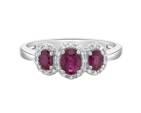 14K White Gold 5x4mm and 4x3mm Oval Cut Ruby and 0.15cttw Diamond Halo Ring - Size 7