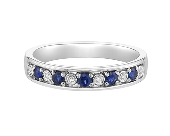 14K White Gold 2.30mm Round Cut Sapphire and 0.05cttw Diamond Stack Ring - Size 7
