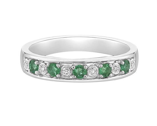 14K White Gold 2.30mm Round Cut Emerald and 0.05cttw Diamond Ring - Size 7