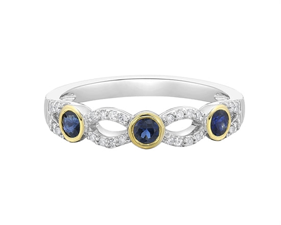 14K White Gold 2.80mm Round Cut Sapphire and 0.10cttw Diamond Stack Ring - Size 7