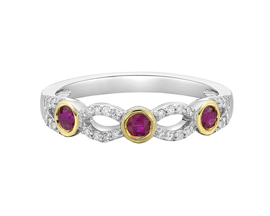 14K White Gold 2.80mm Round Cut Ruby and 0.10cttw Diamond Stacking Ring - Size 7