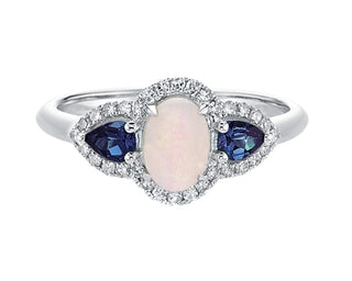 10K White Gold 7x5mm Oval Cut Opal, 4x3mm Pear Cut Blue Sapphire and 0.18cttw Diamond Halo Ring