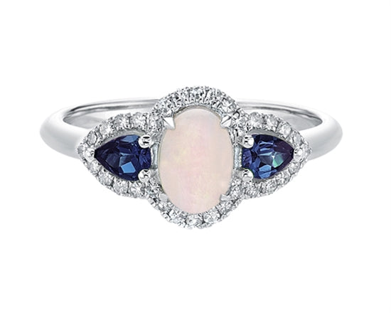 10K White Gold 7x5mm Oval Cut Opal, 4x3mm Pear Cut Blue Sapphire and 0.18cttw Diamond Halo Ring - Size 7