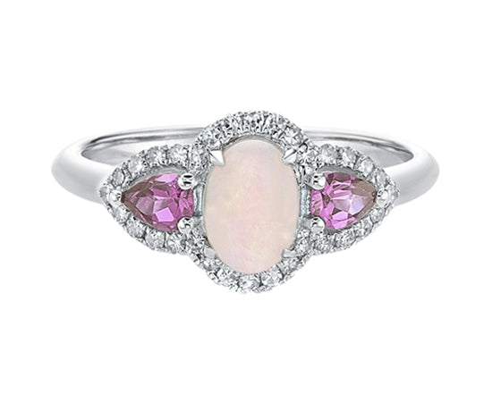 10K White Gold 7x5mm Oval Cut Opal, 4x3mm Pear Cut Pink Sapphire and 0.18cttw Diamond Halo Ring - Size 7