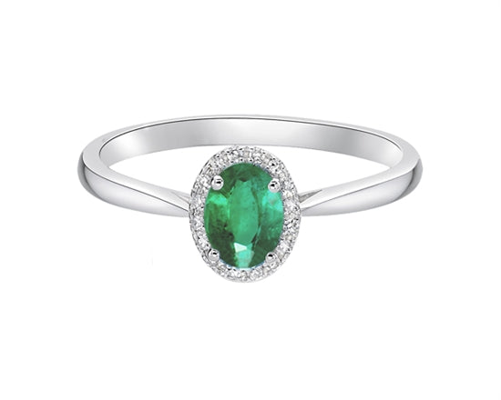 10K White Gold 6x4mm Oval Cut Emerald and 0.06cttw Diamond Halo Ring - Size 7