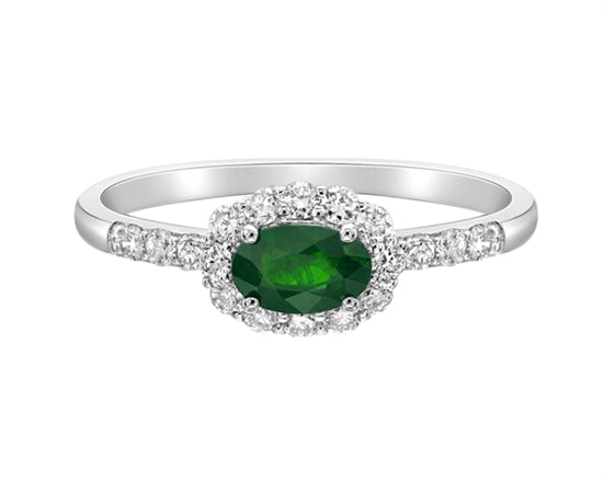 14K White Gold 6x4mm Oval Cut Emerald and 0.35cttw Diamond Halo Ring - Size 7