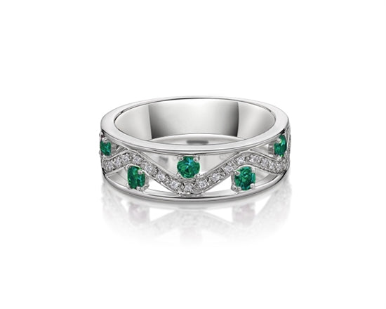 10K White Gold 2.80mm Round Cut Emerald and 0.11cttw Diamond Ring - Size 7