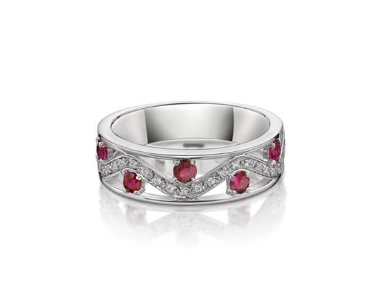 10K White Gold 2.80mm Round Cut Ruby and 0.11cttw Diamond Ring - Size 7