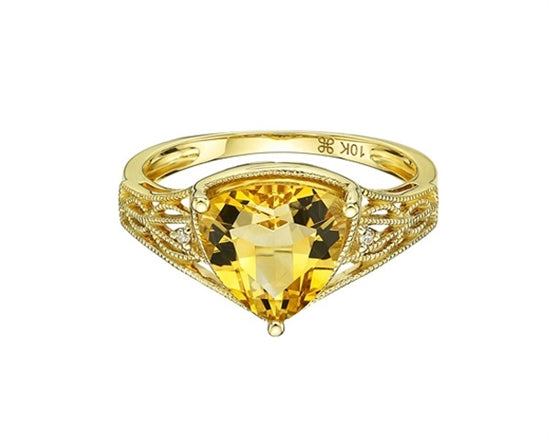 Anillo de oro amarillo de 10 quilates, citrino de talla trillón de 9 mm y diamante de 0,014 quilates, talla 7