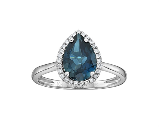 10K White Gold 10x7mm Pear Cut London Blue Topaz and 0.135cttw Diamond Halo Ring - Size 7