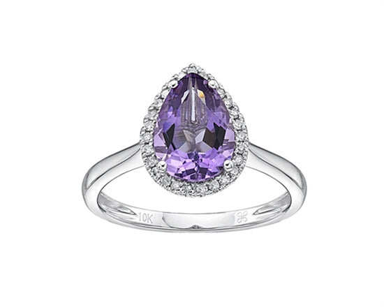 10K White Gold 10x7mm Pear Cut Amethyst and 0.135cttw Diamond Halo Ring, size 7