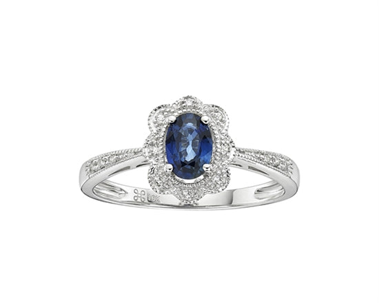 10K White Gold 6x4mm Oval Cut Sapphire and 0.055cttw Diamond Scallop Halo Ring - Size 7