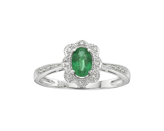 10K White Gold 6x4mm Oval Cut Emerald and 0.055cttw Diamond Scallop Halo Ring - Size 7