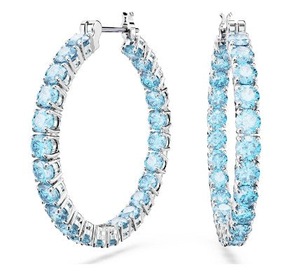 Swarovski Matrix hoop earrings, Round cut, Blue, Rhodium plated - 5647446
