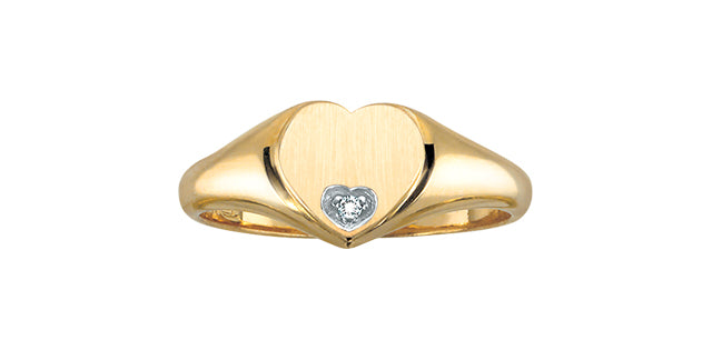 Anillo tipo sello con forma de corazón y diamantes de 0,007 quilates en oro amarillo de 10 quilates, talla 6