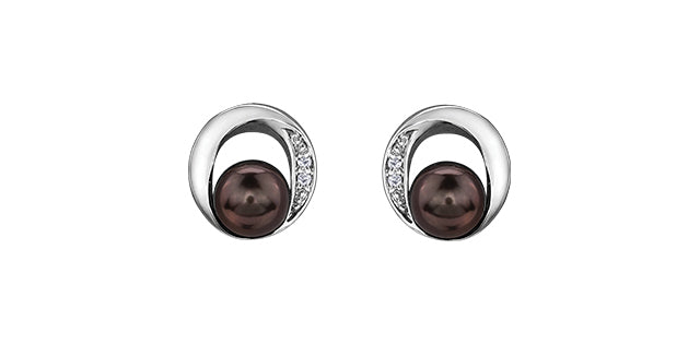 10K White Gold Black Pearl &amp; Diamond Earring