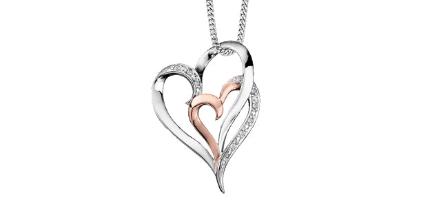 10K White &amp; Rose Gold 0.035cttw Diamond Double Heart Pendant, 18&quot;