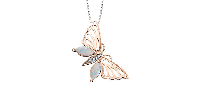 10K Rose and White Gold 0.32cttw Opal and 0.005cttw Diamond Butterfly Necklace - 18 Inches