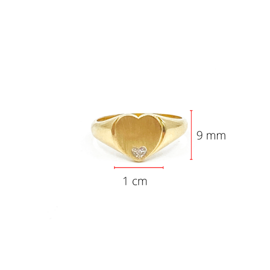 Anillo tipo sello en forma de corazón con diamantes de 0,007 en oro amarillo de 10 quilates, talla 6