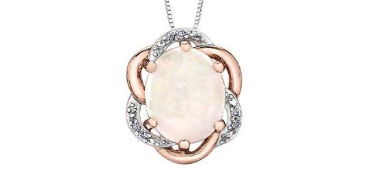 10K White &amp; Rose Gold 2.00cttw Genuine Opal and 0.03cttw Diamond Pendant, 18&quot;