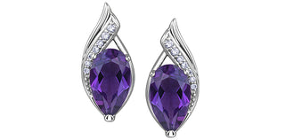 Pendientes de oro blanco de 10 quilates, 10 x 6 mm, amatista genuina y diamantes de 0,07 quilates