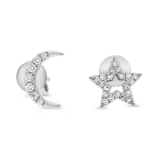 Pendiente de tuerca con forma de luna y estrella de diamantes de 0,12 quilates en oro blanco de 14 quilates