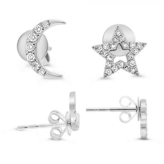 Pendiente de tuerca con forma de luna y estrella de diamantes de 0,12 quilates en oro blanco de 14 quilates