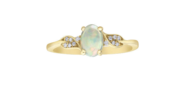10K Yellow Gold 7mm x 5mm Opal and 0.04cttw Diamond Ring - Size 6.5