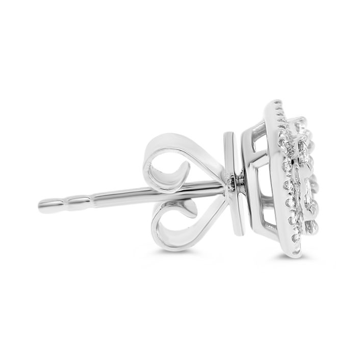 14K White Gold 0.57cttw Diamond Halo Illusion Set Baguette Cut and Round Brilliant Cut Stud Earring