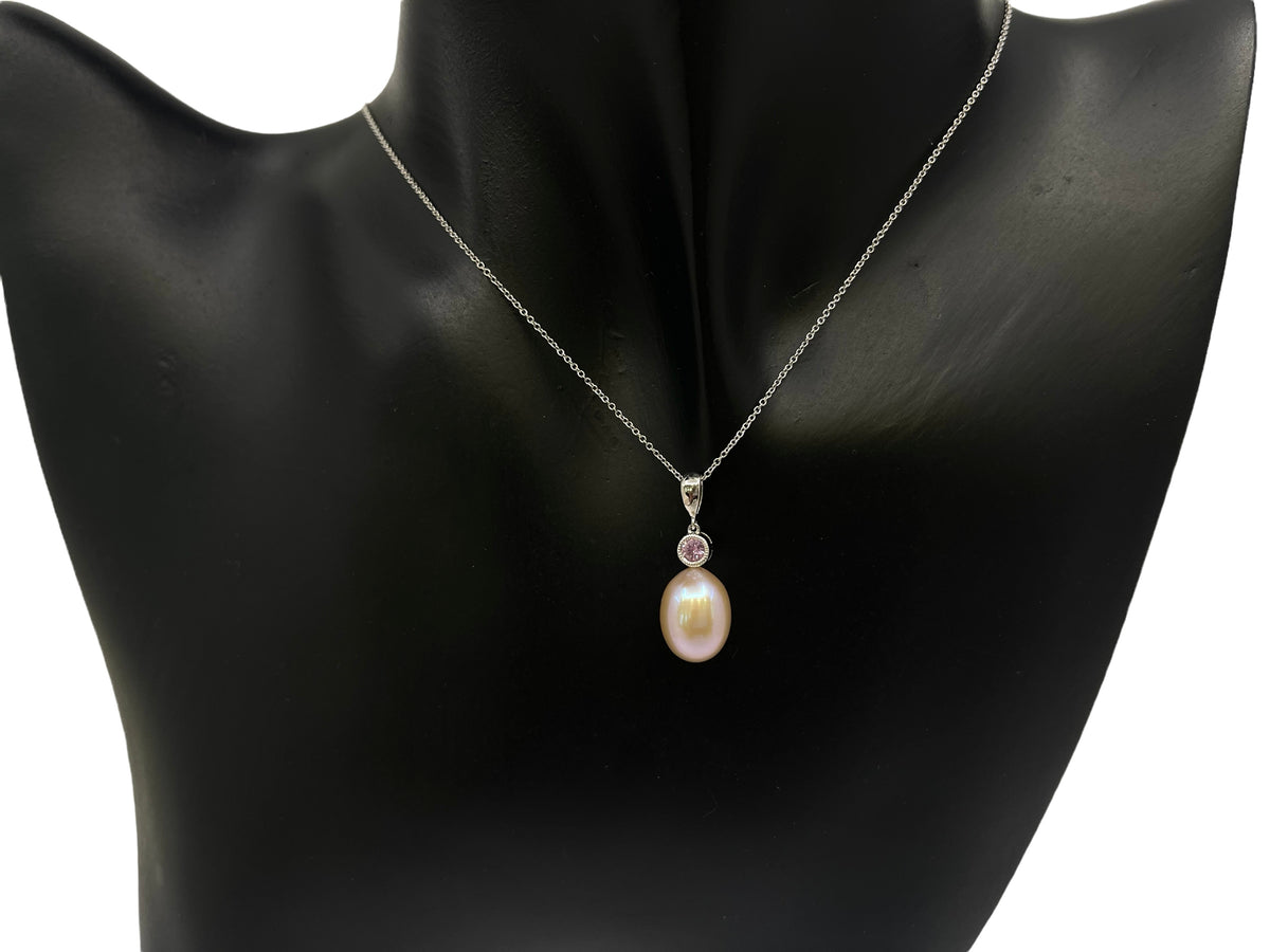 10K White Gold Fresh Water Pearl, Pink Sapphire &amp; Diamond Pendant