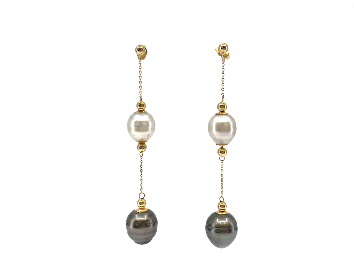 14K Yellow Gold South Sea and Tahitian Pearl Earrings with Butterfly Backs