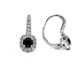 Aretes colgantes de oro blanco de 14 quilates con zafiro de 4 mm y diamantes de 0,34 quilates